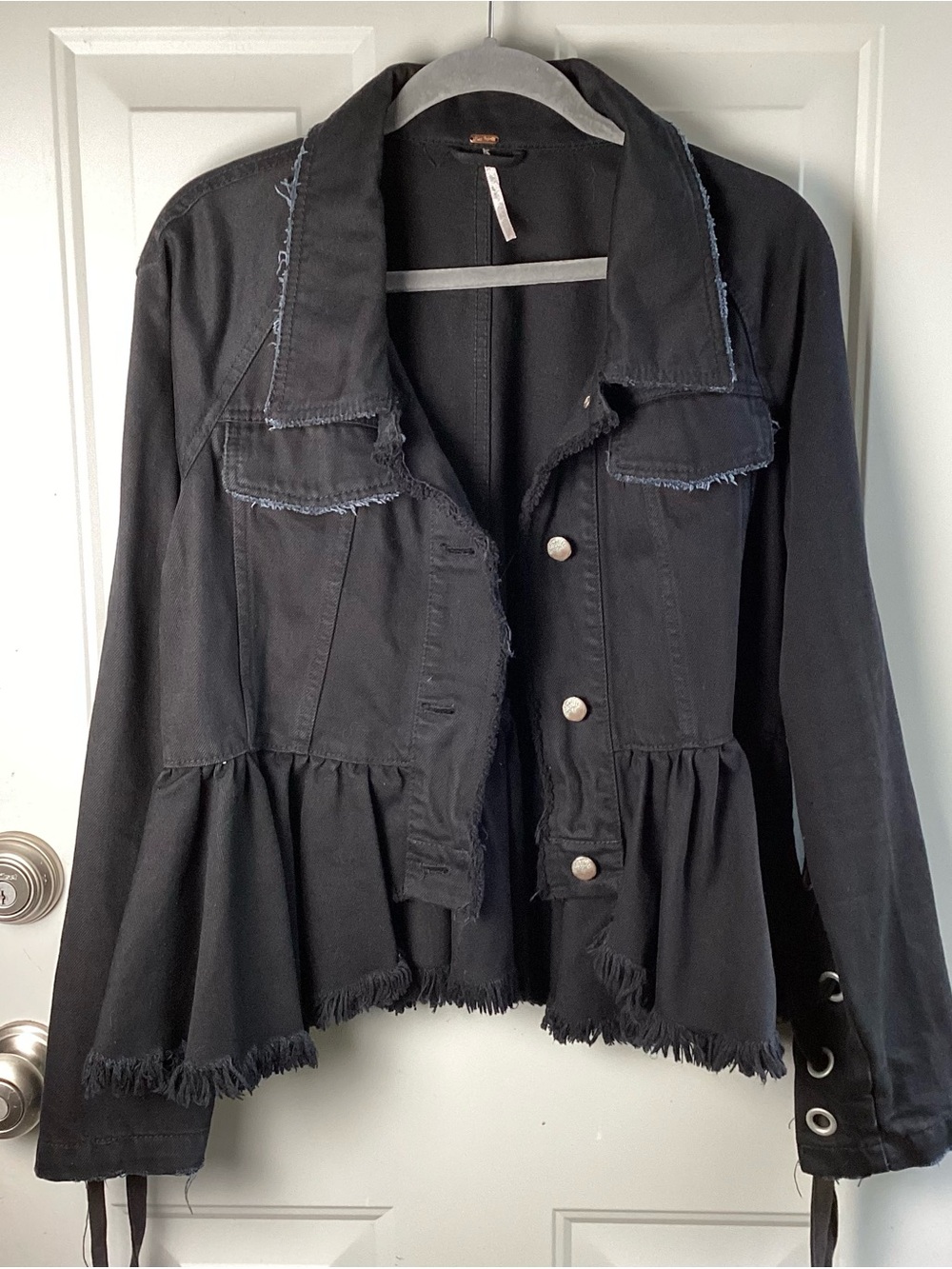 Free People Black Frayed Hem Peplum Denim Jacket